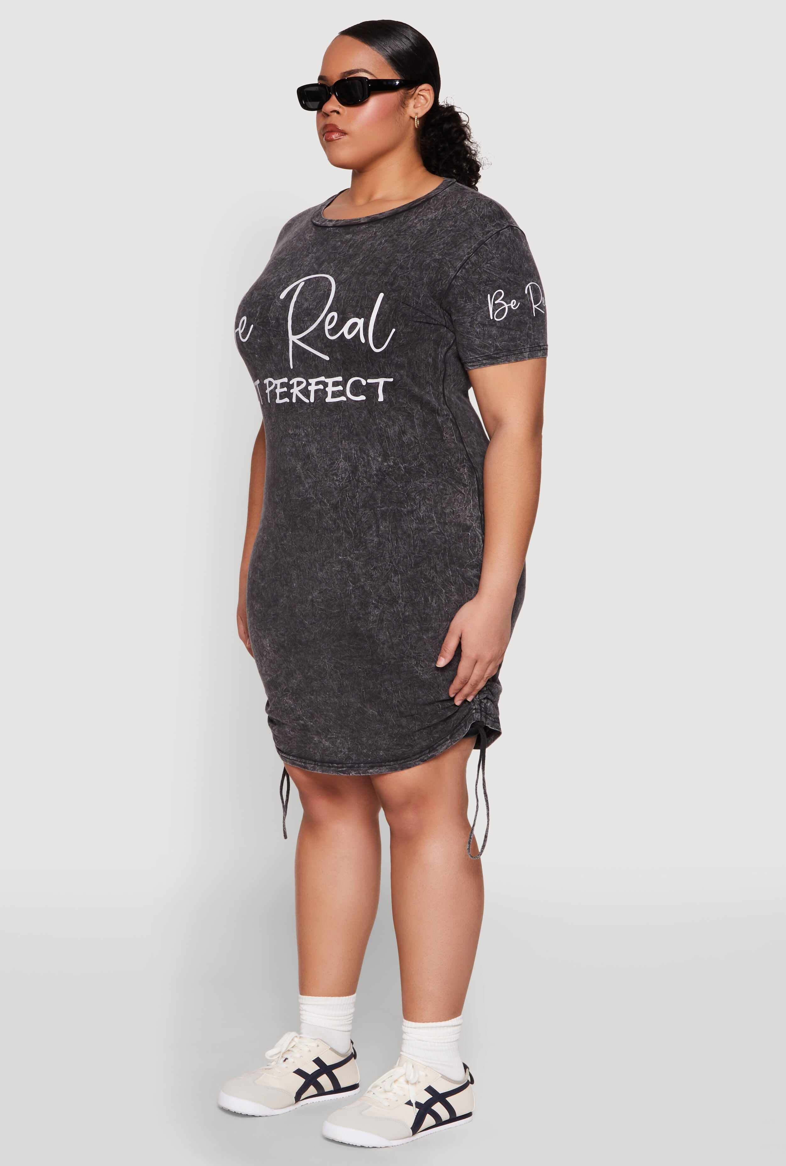 Plus Size Be Real Not Perfect Ruched T Shirt Dress