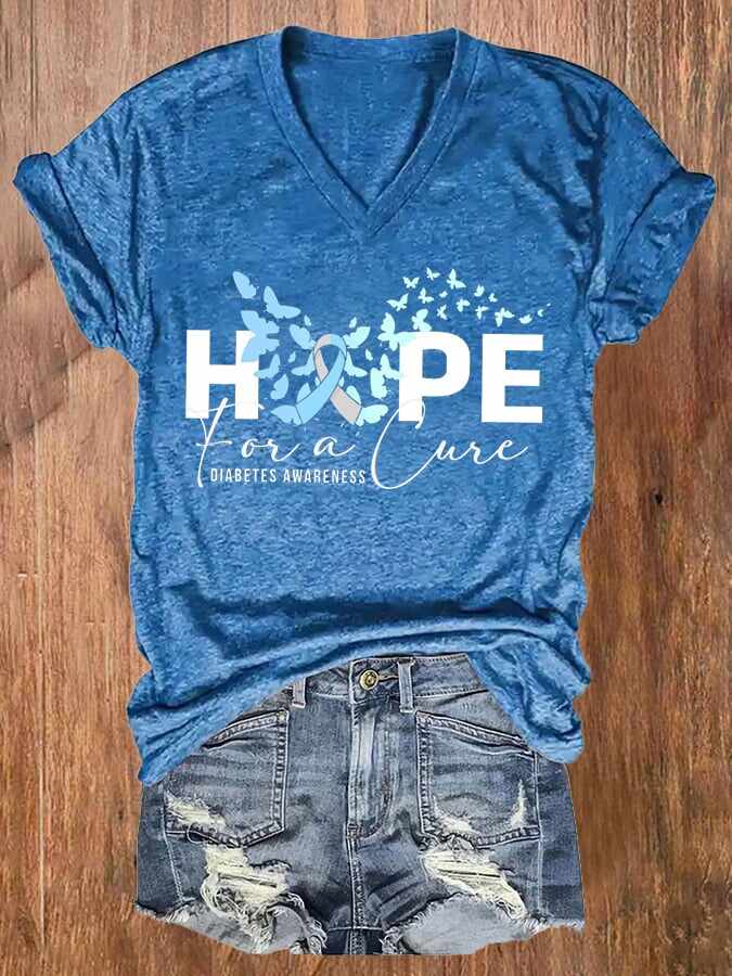 Women's Hope for Cure Diabetes Awareness Butterfly Printed Casual T-Shirt
