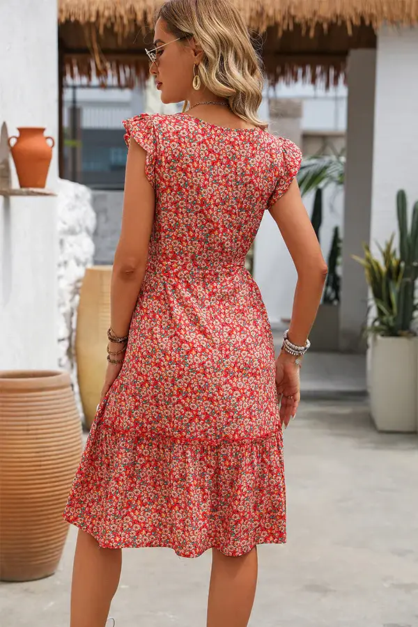 Fashion Ruffle Sleeve Flower Print Casual Dress