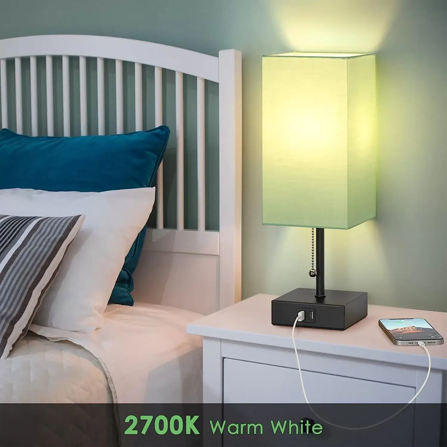 GGOYING Bedside Table Lamp, Pull Chain Table Lamp with Dual USB Charging Ports, 2700K LED Bulb, Fabric Linen Lampshade, Nightstand Lamp for Livingroom Bedroom Office Reading Working