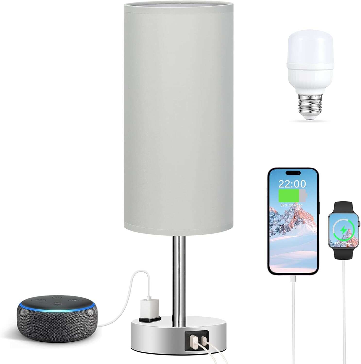 Bedside Table Lamp for Bedroom - 3 Way Dimmable Touch Lamp USB C Charging Ports and AC Outlet, Small Lamp Wood Base Round Flaxen Fabric Shade for Living Room, Desk, LED Bulb Included