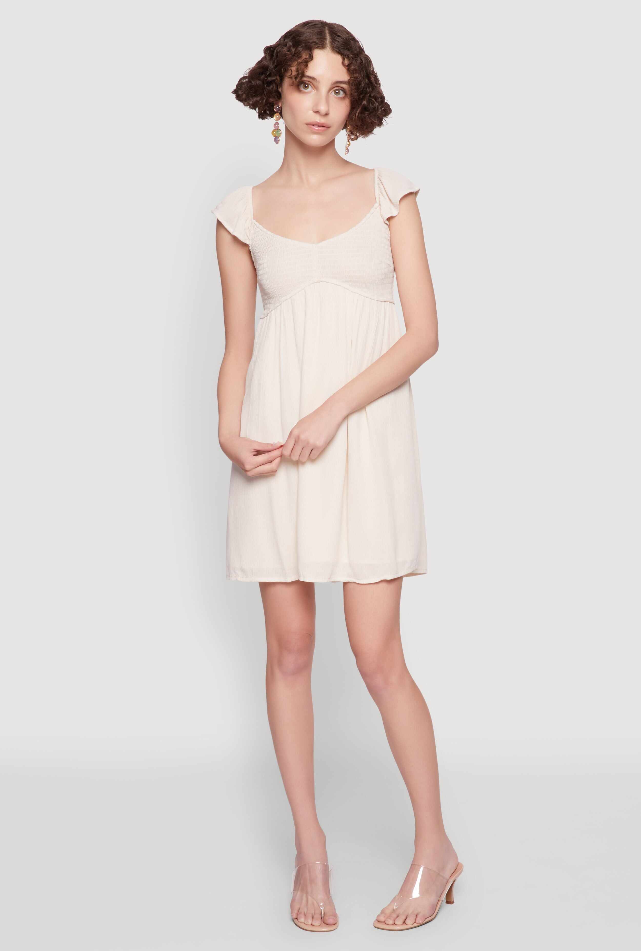 Smocked Flutter Sleeve Empire Waist Mini Dress