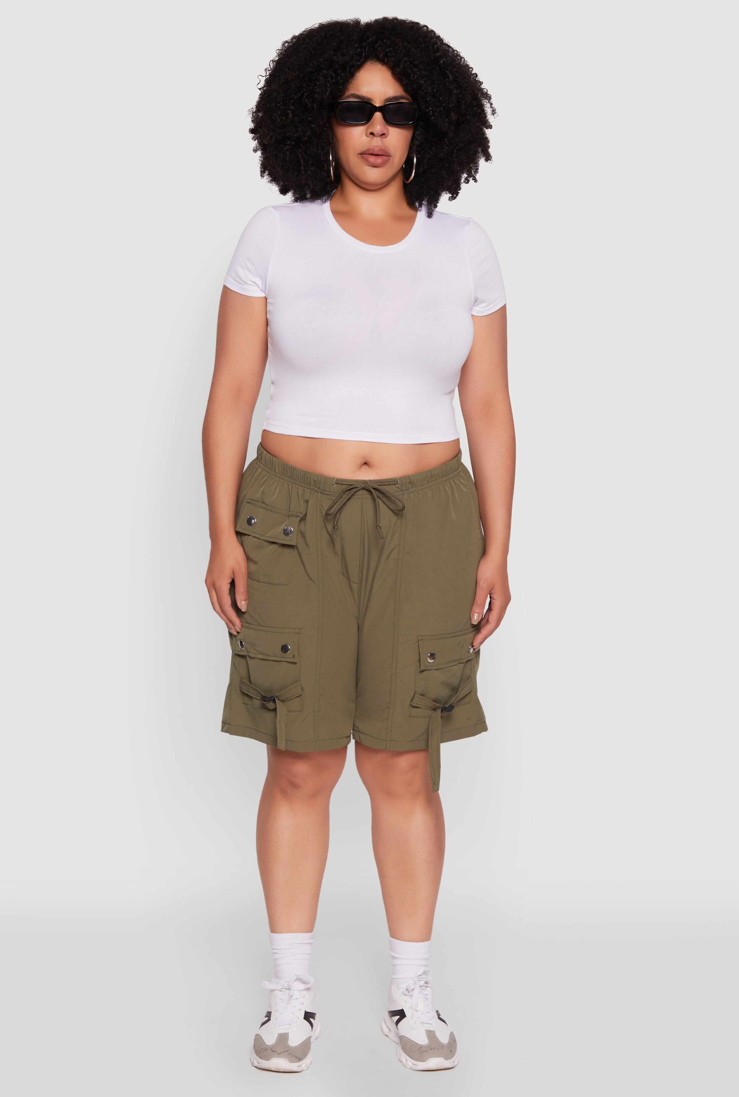 Plus Size High Waisted Nylon Cargo Shorts with Drawstring