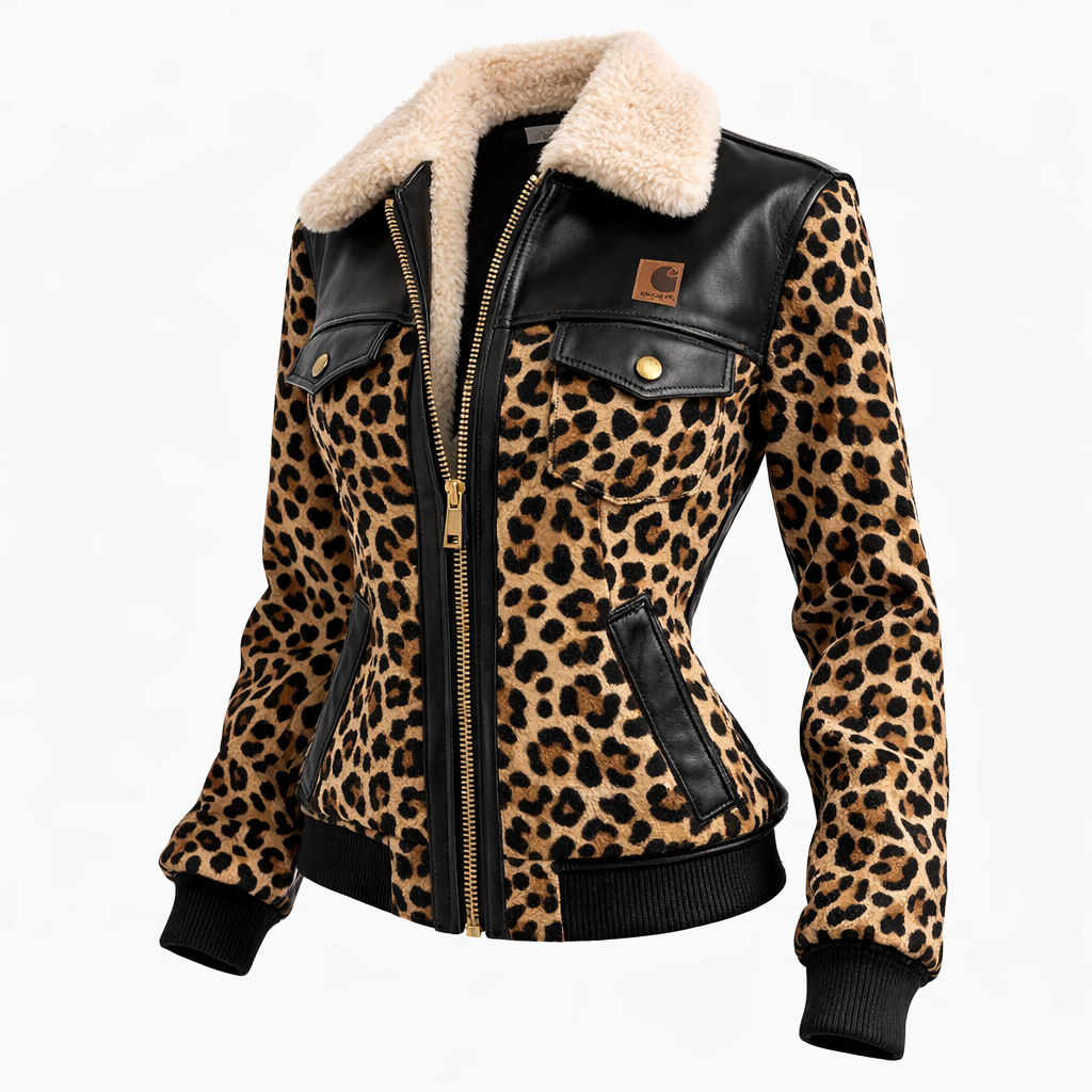 Women’s Leopard Print Faux Leather Jacket with Sherpa Collar