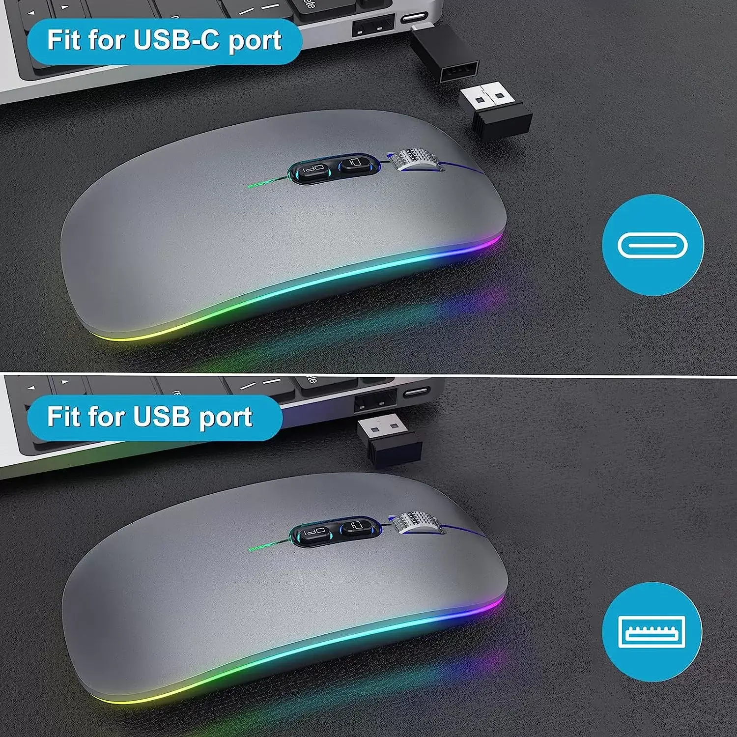 [Upgrade] LED Wireless Mouse, Slim Silent Mouse 2.4G Portable Mobile Optical Office Mouse with USB & Type-c Receiver, 3 Adjustable DPI Levels for Notebook, PC, Laptop, Computer, MacBook (Pink)