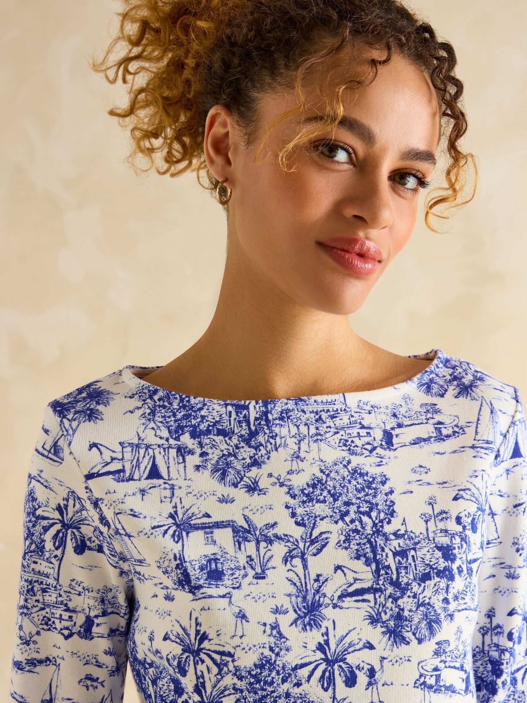Harbour Blue Toile de Jouy Boat Neck Printed Top