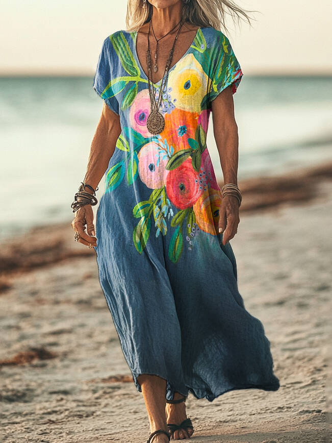 Women's Watercolor Floral Art Print Sleeveless V-Neck Pocket Cotton Dress