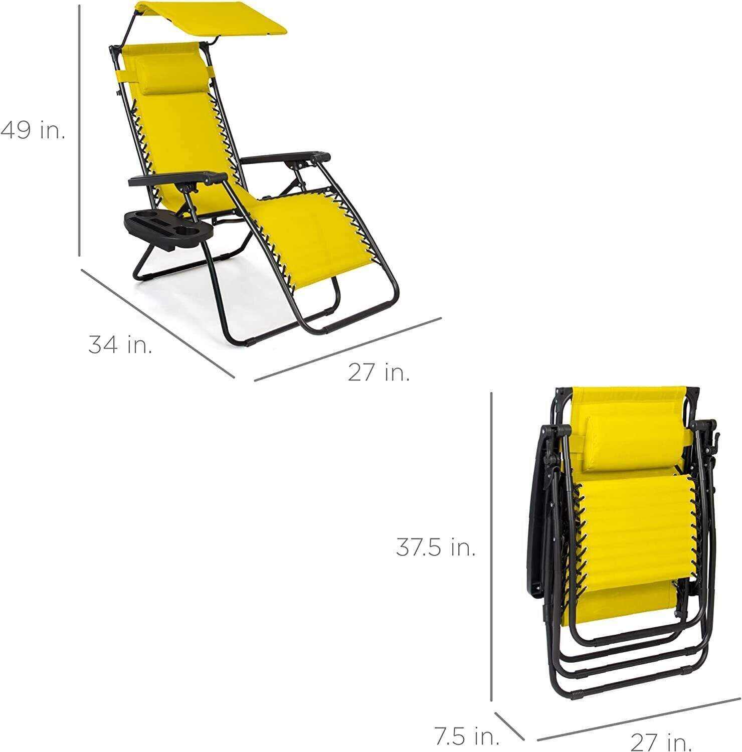 Folding Zero Gravity Recliner Patio Lounge Chair w/Adjustable Canopy Shade, Headrest, Side Accessory Tray, Textilene Mesh - Beige