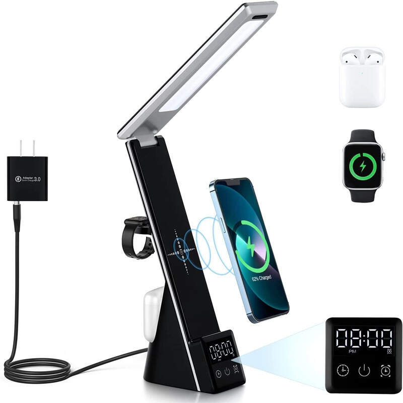 1pc 5-in-1 LED Lighting Table Lamp With Alarm Clock 15W Wireless Fast Charging Station For Mobile Phone Earphone Watch