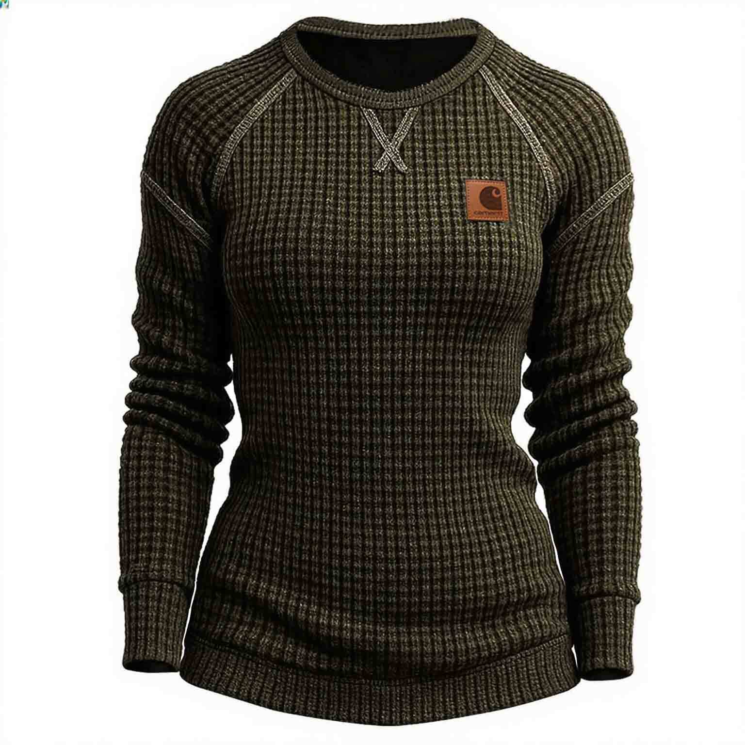 Women's Vintage Black Waffle Knit Crewneck Long Sleeve Sweatshirt