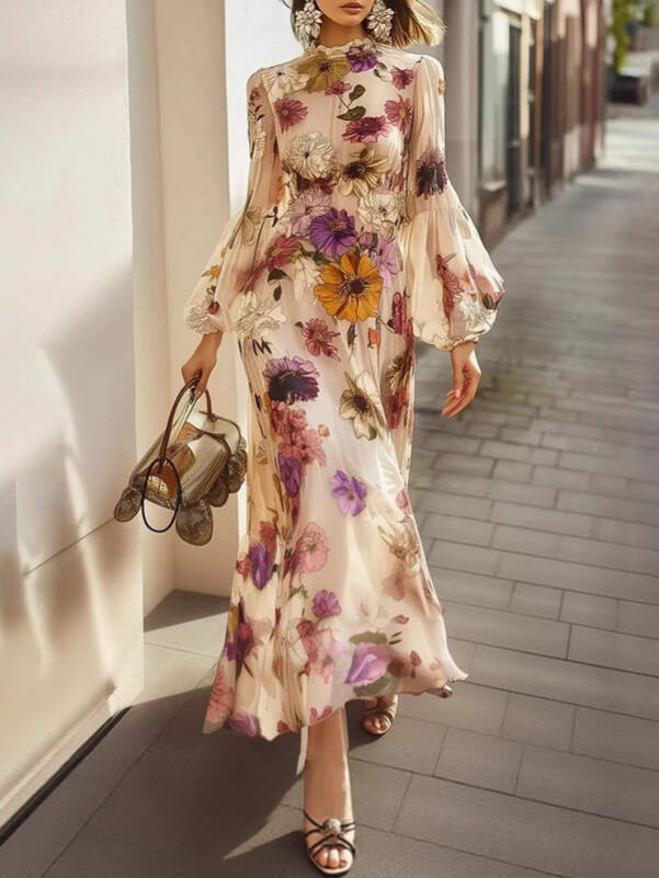 Ruffled Floral-Print Tight-Waist Dress
