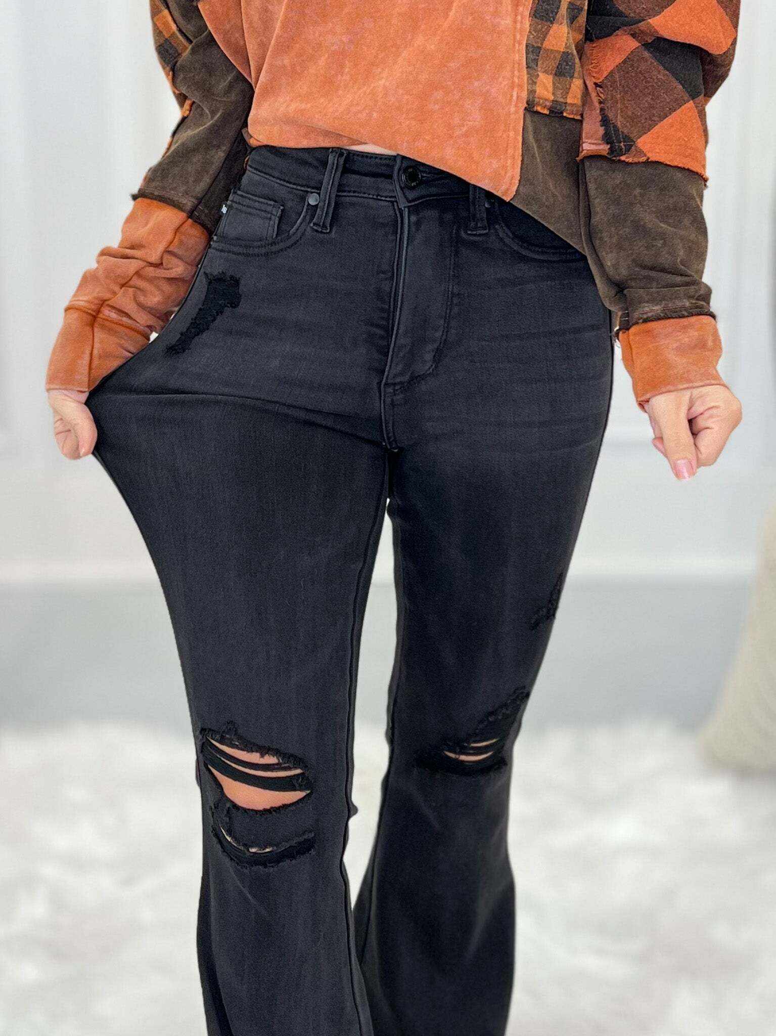 Christmas Tummy Control Destroyed Black Flare Jeans- Final Sale