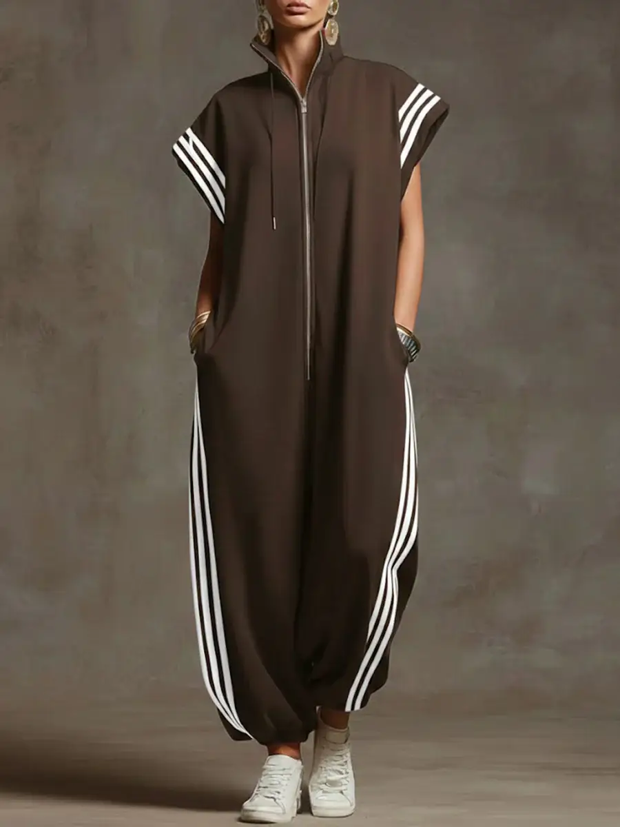 🔥Summer Arrivals🌟Women's Stand-collar Short-sleeved Casual Loose Cotton Wide-leg Jumpsuit