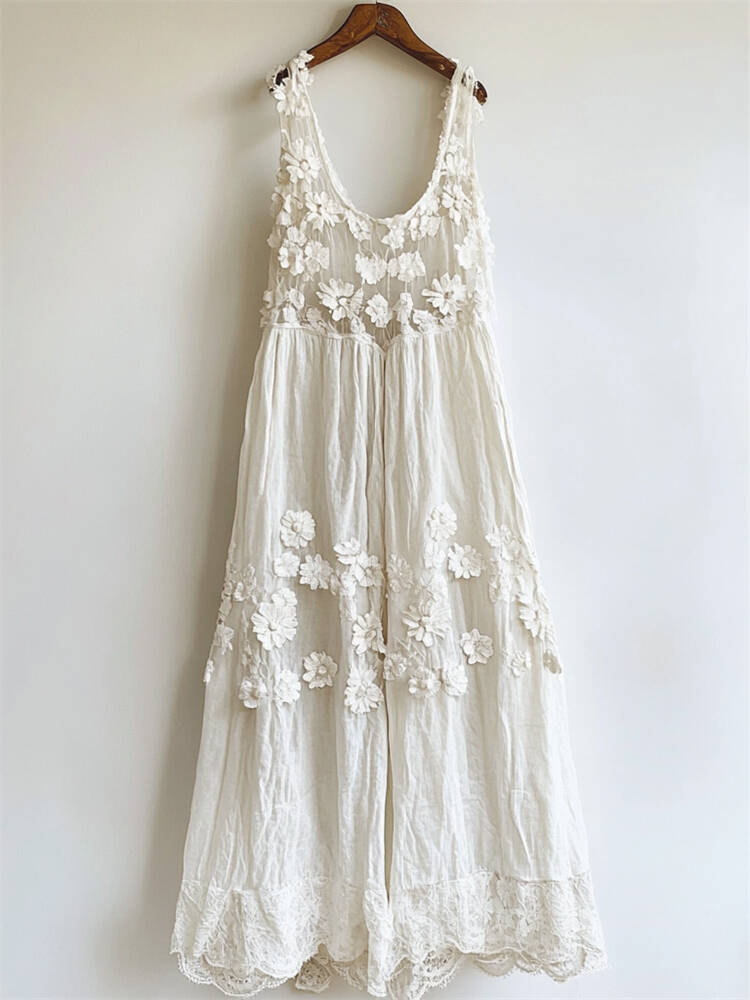 Vintage Floral Hollow Lace Patchwork Linen Tank Dress