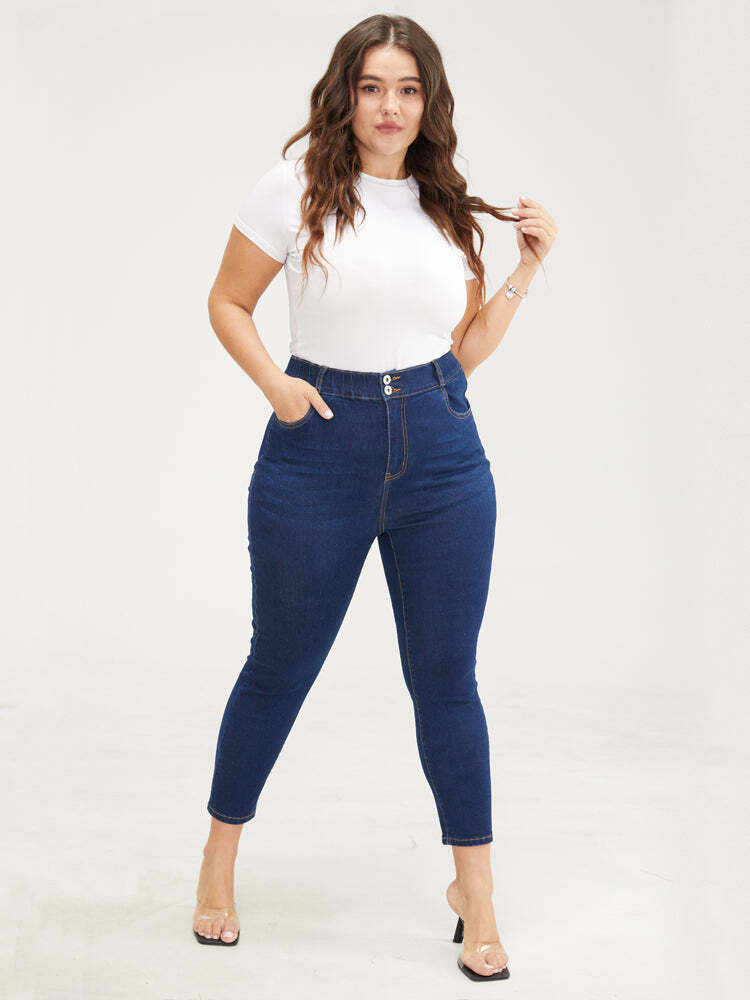 Skinny Very Stretchy High Rise Dark Wash Elastic Waist Jeans