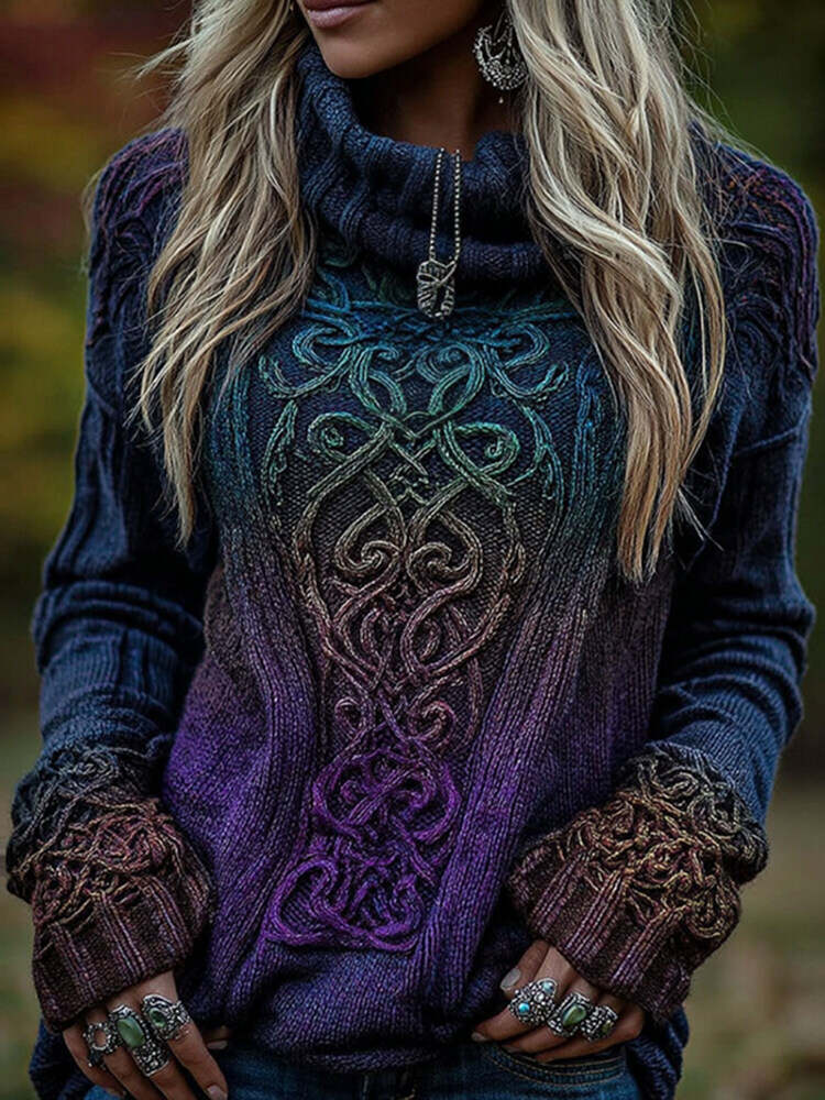 Women's Viking Celtic Knot Art Gradien Turtleneck Cozy Knit Sweater