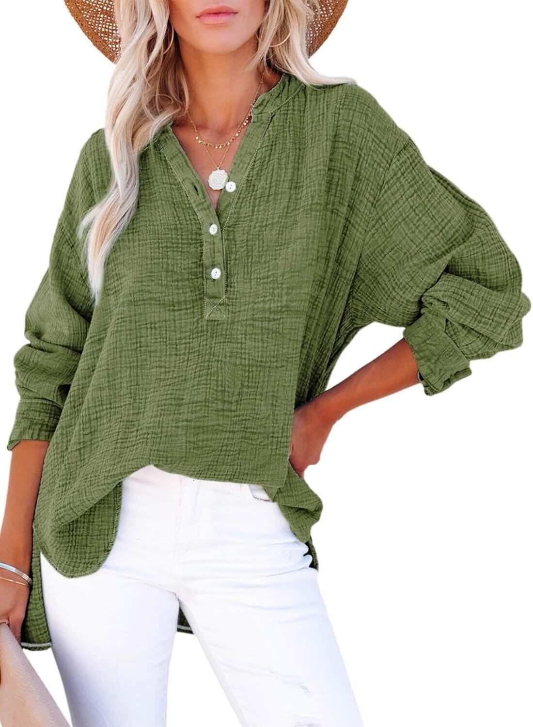 🔥10-Pack Womens Casual Gauze Button Neck Long Sleeve Oversized BlousesTops