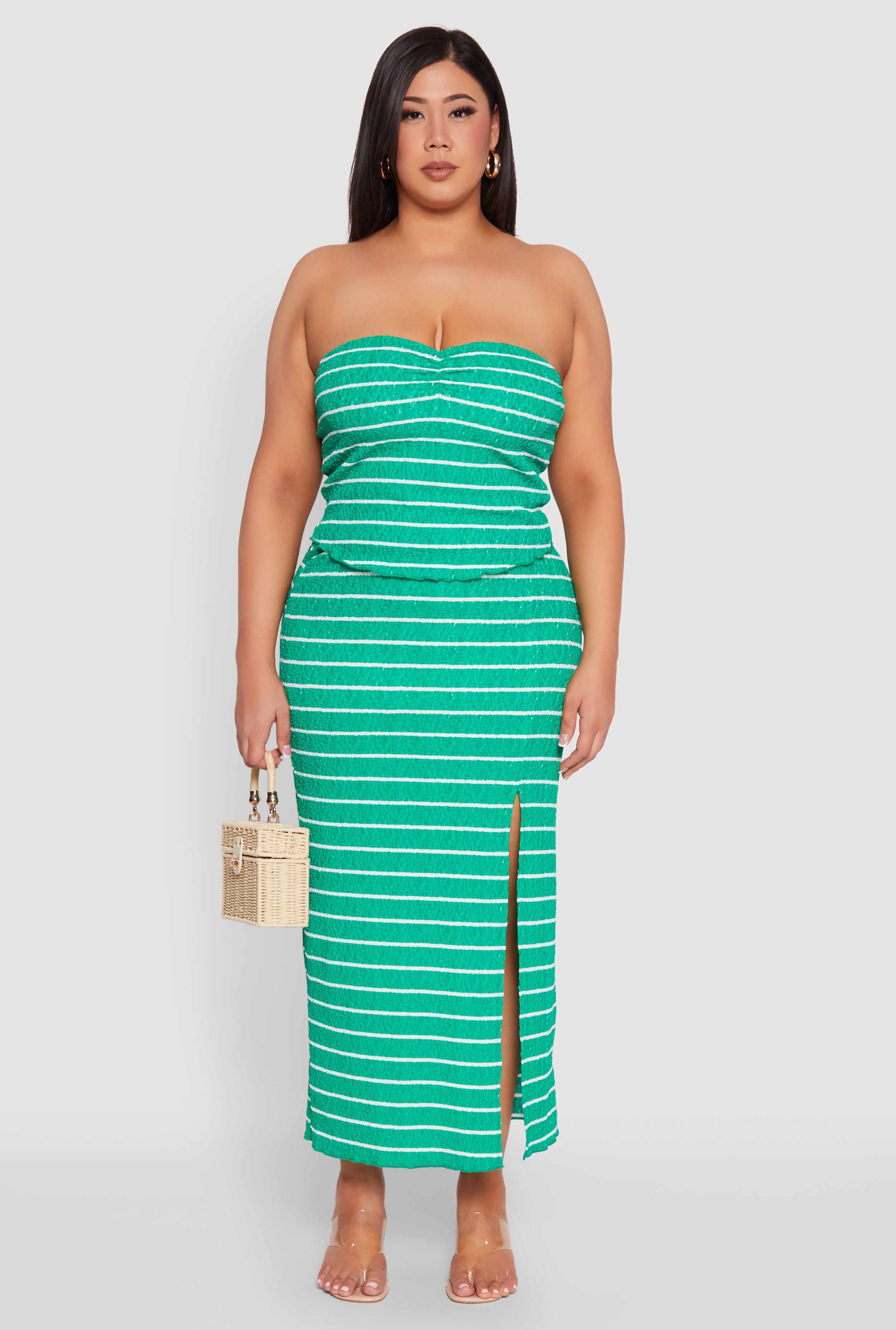 Plus Size Almost Famous Striped Textured Side Slit Maxi Skirt