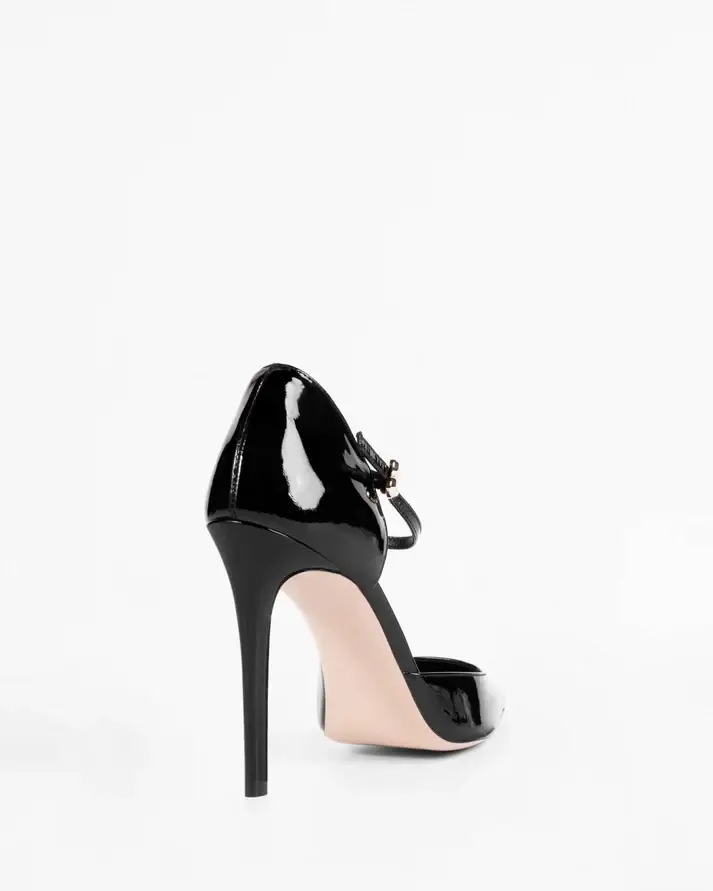 Black Patent Leather Pointed-Toe Ankle Strap Stiletto Pumps