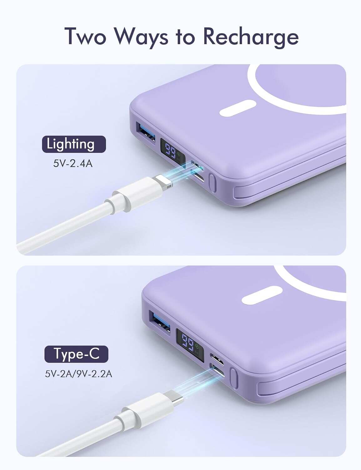 podoru Wireless Portable Charger, 10000mAh Magnetic Power Bank Built-in USB-C Lighting Cables 22.5W PD Fast Charging LED Display Mag-Safe Battery Pack for iPhone 15/14/13/12/Mini/Pro/Pro Max - White