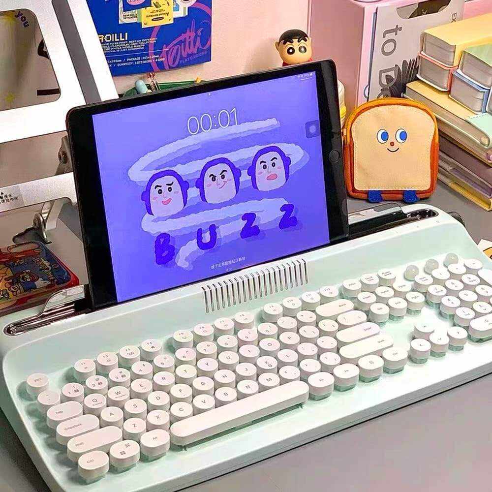 Typewriter Keyboard Wireless Bluetooth 5.0 Retro Aesthetic Cute Kawaii Round Keycaps 106-Key with Num Pad Clicky Mechanical Feeling with Pad/Phone Holder for Windows/Mac OS/Android/iOS (Mint)