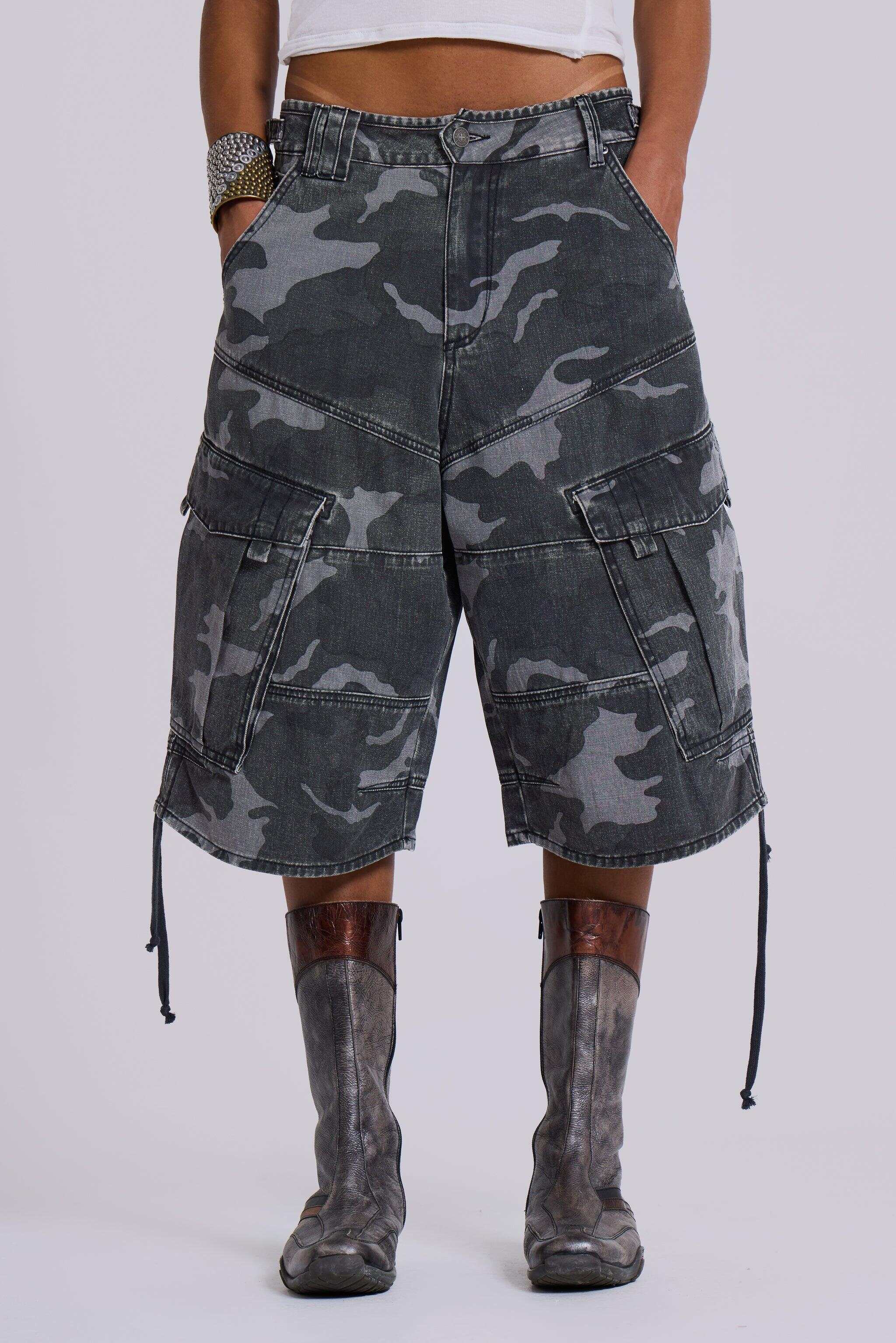 Washed Black Cadet Camo Baggy Shorts