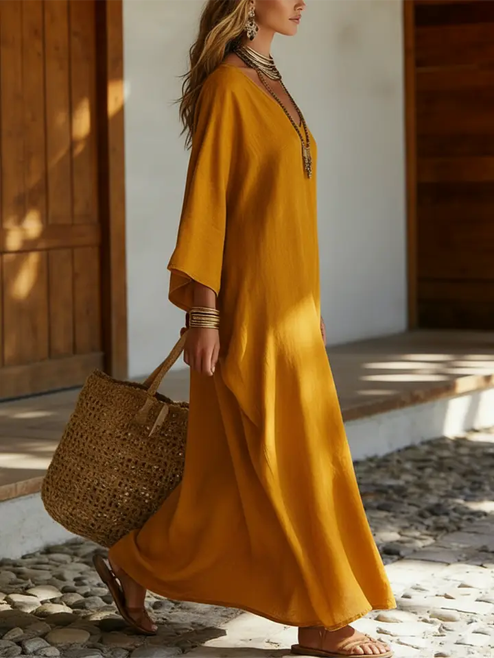🔥Summer Arrivals🌟Elegant V-neck Linen-cotton Kaftan Dress
