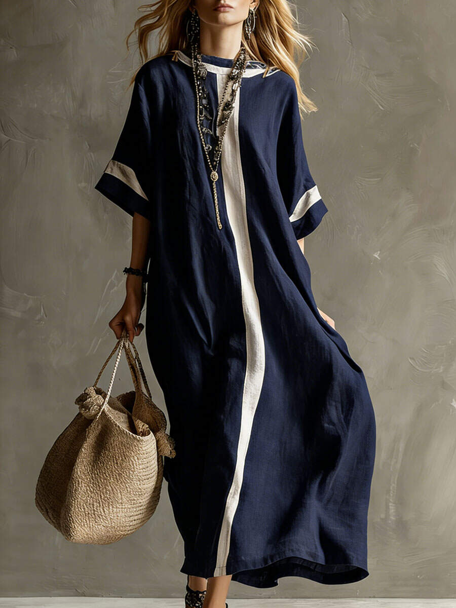 🔥Summer Arrivals🌟Women's Round Neck 3/4 Sleeve Casual Loose Cotton And Linen Dress