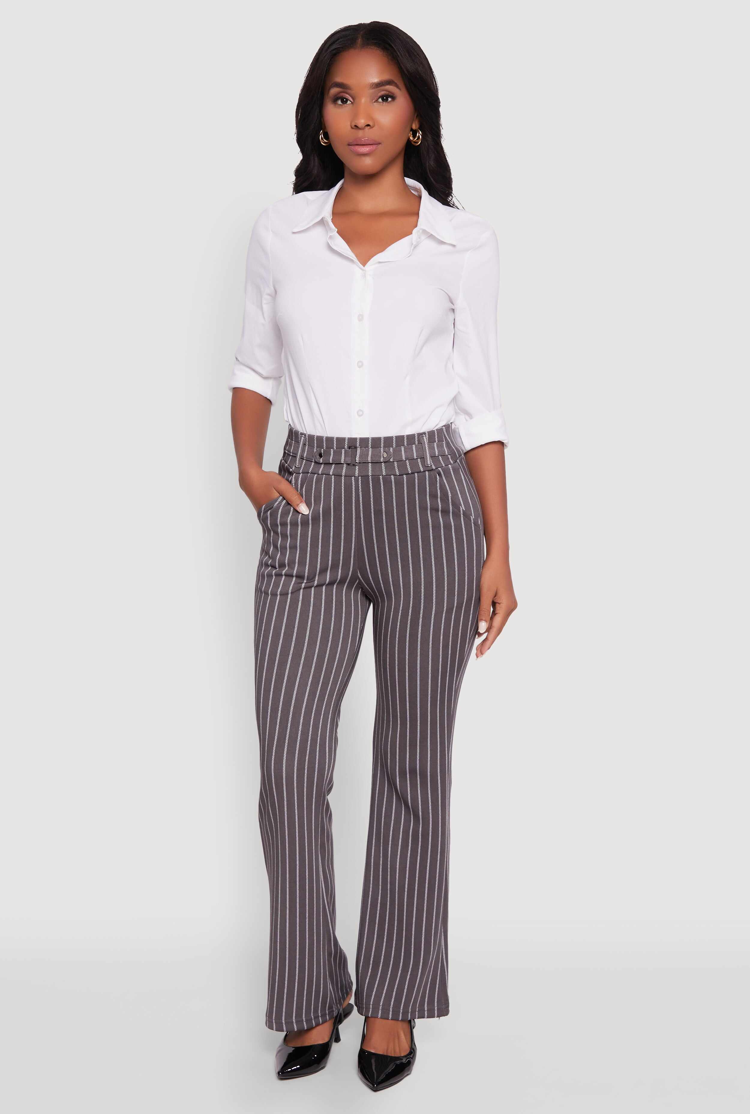 Pinstripe Buckle Detail Mid Rise Dress Pants