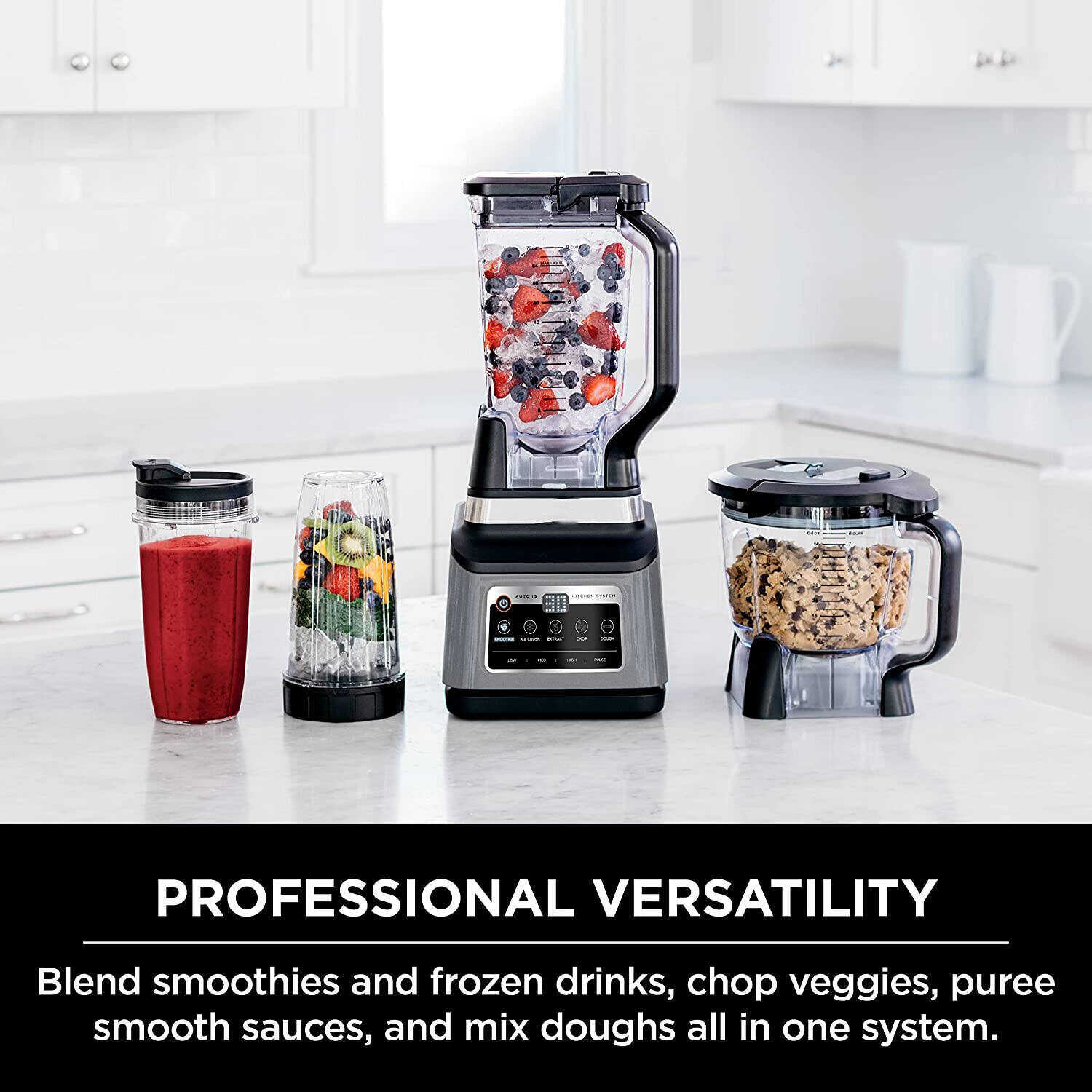 Mega Kitchen System, 72 oz. Pitcher, 8-Cup Food Processor, 16 oz. Single Serve Cup, 1500-Watt, Black
