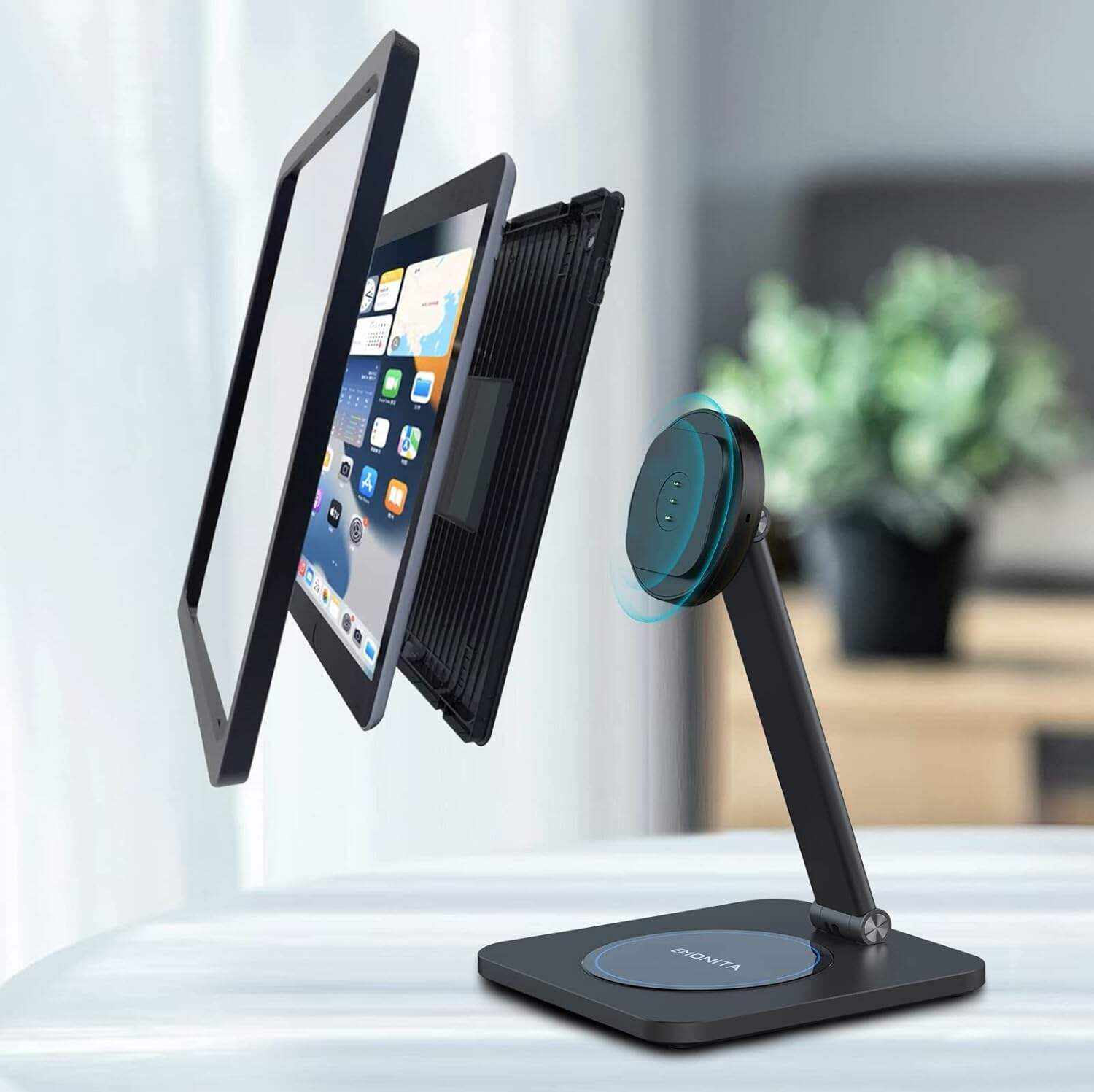 EMONITA Magnetic Stand with Charging Case for 10.2 Inch 7th / 8th / 9th Gen (2021/2020/2019). 18W USB C Fast Charging Cable Included, Foldable L Shape, Strong Magnets, 360 Rotation, 180 Tilt