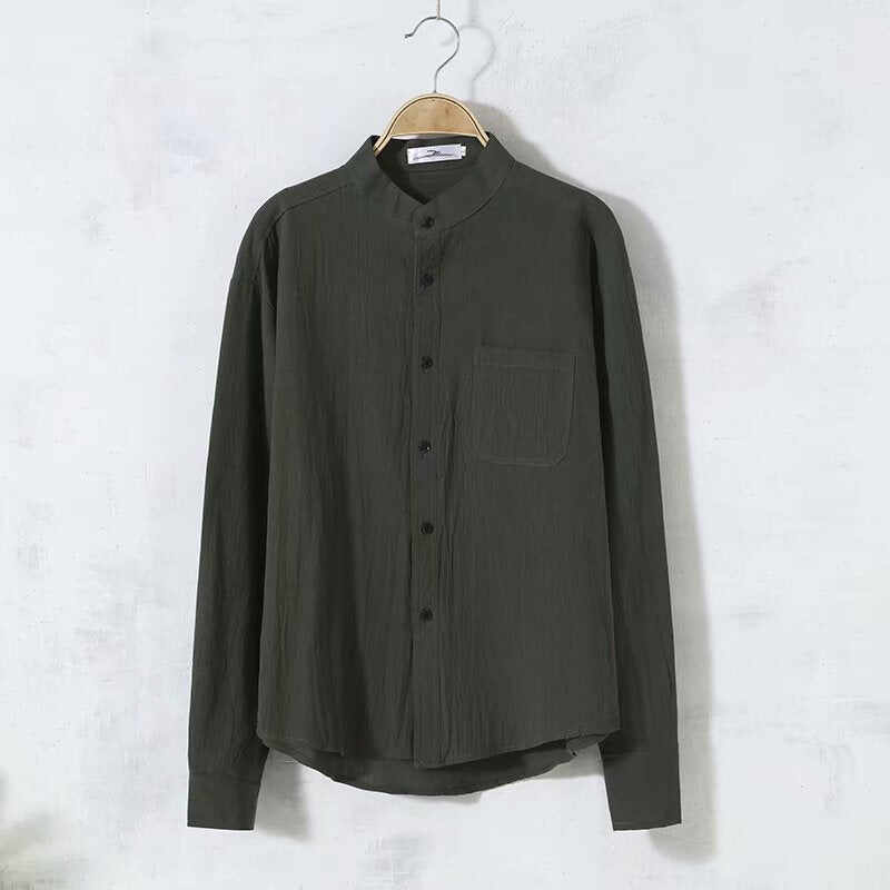 Solid Color Men's Long Sleeve Round Neck Casual Loose Linen Shirt
