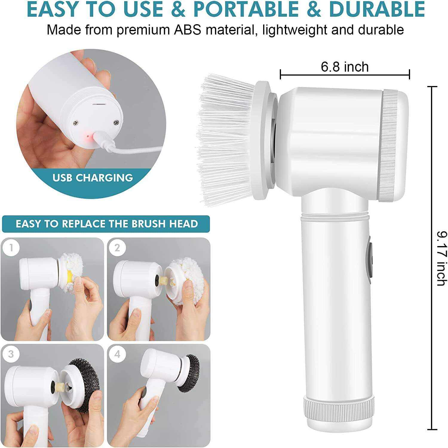 Electric Spin Scrubber Electric Cleaning Brush Cordless Power Scrubber with 5 Replaceable Brush Heads Handheld Power Shower Scrubber for Bathtub, Floor, Wall, Tile, Toilet, Window, Sink