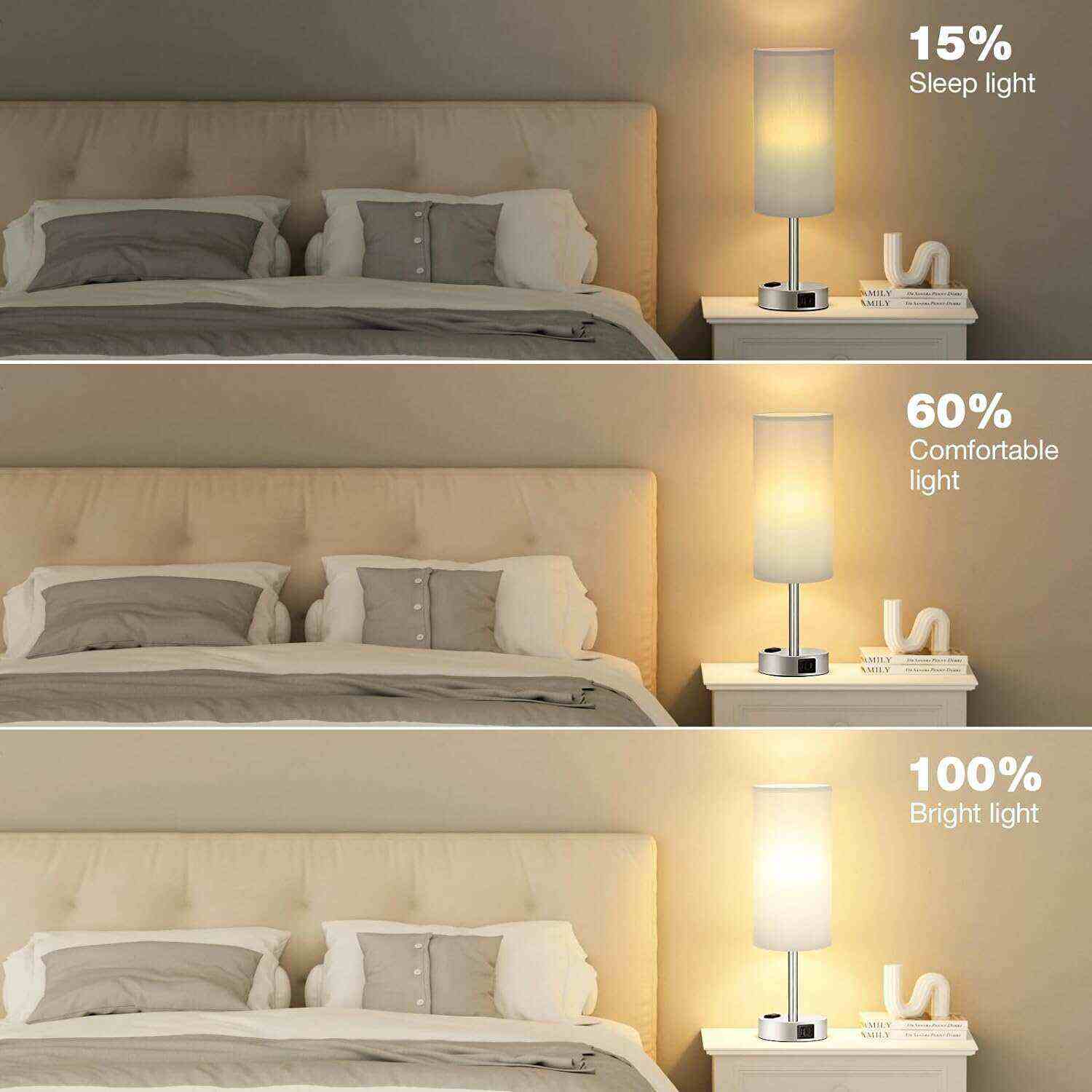 Bedside Table Lamp for Bedroom - 3 Way Dimmable Touch Lamp USB C Charging Ports and AC Outlet, Small Lamp Wood Base Round Flaxen Fabric Shade for Living Room, Desk, LED Bulb Included