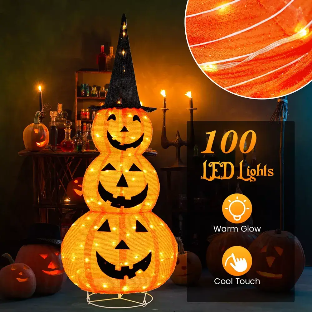 Tangkula Halloween Light Up Pumpkin Decoration Stacked Pumpkins with Witch Hat Build-in LED Lights Pop Up Jack-o-Lantern