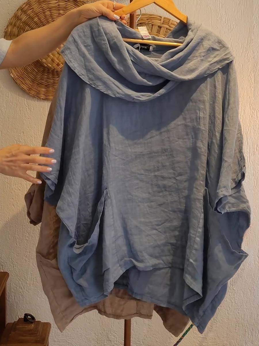 🔥Summer Arrivals🌟Women's Solid Color Draped Neck 3/4 Sleeve Comfortable Casual Linen Pocket Top