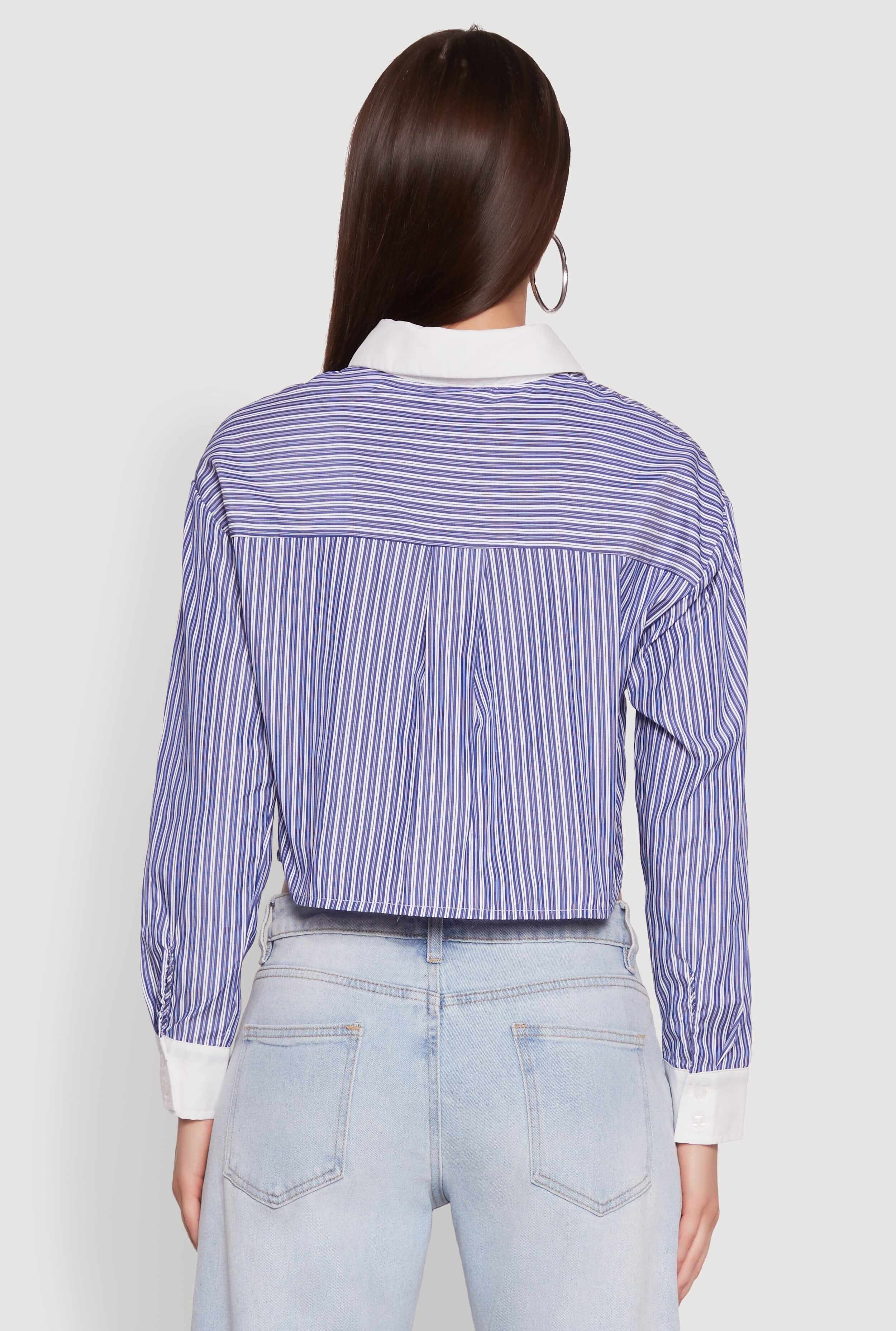 Haute Monde Poplin Button Front Striped Cropped Shirt