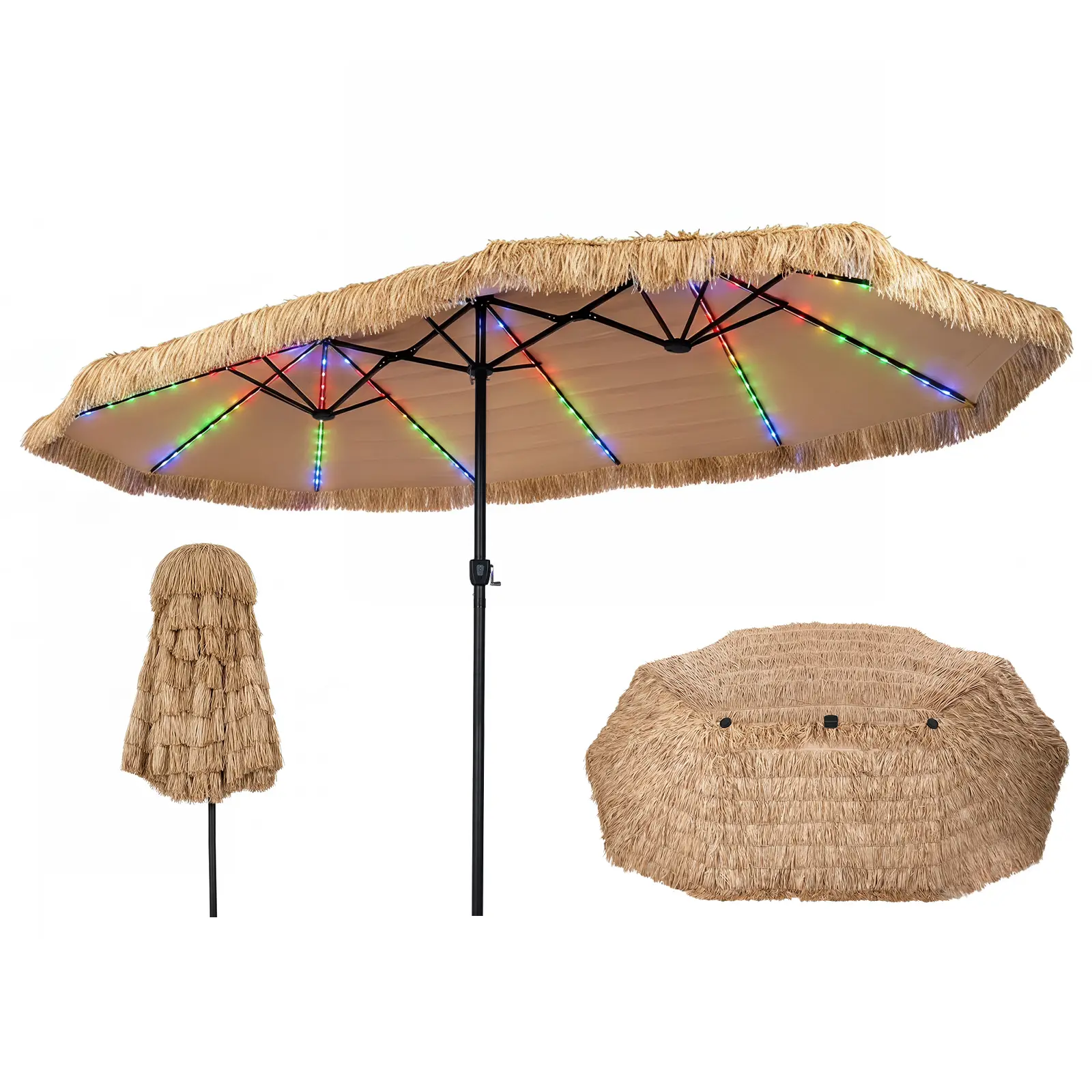 15 FT Solar Tiki Patio Umbrella with Base Included, Double-sided Hawaiian Style Thatched Market Table Umbrella with144 Multi-colored Flowing LED Lights, 12 Modes, Crank Handle, 12 Ribs, PE Grass Outdoor Umbrell for Pool Deck Garden Backyard