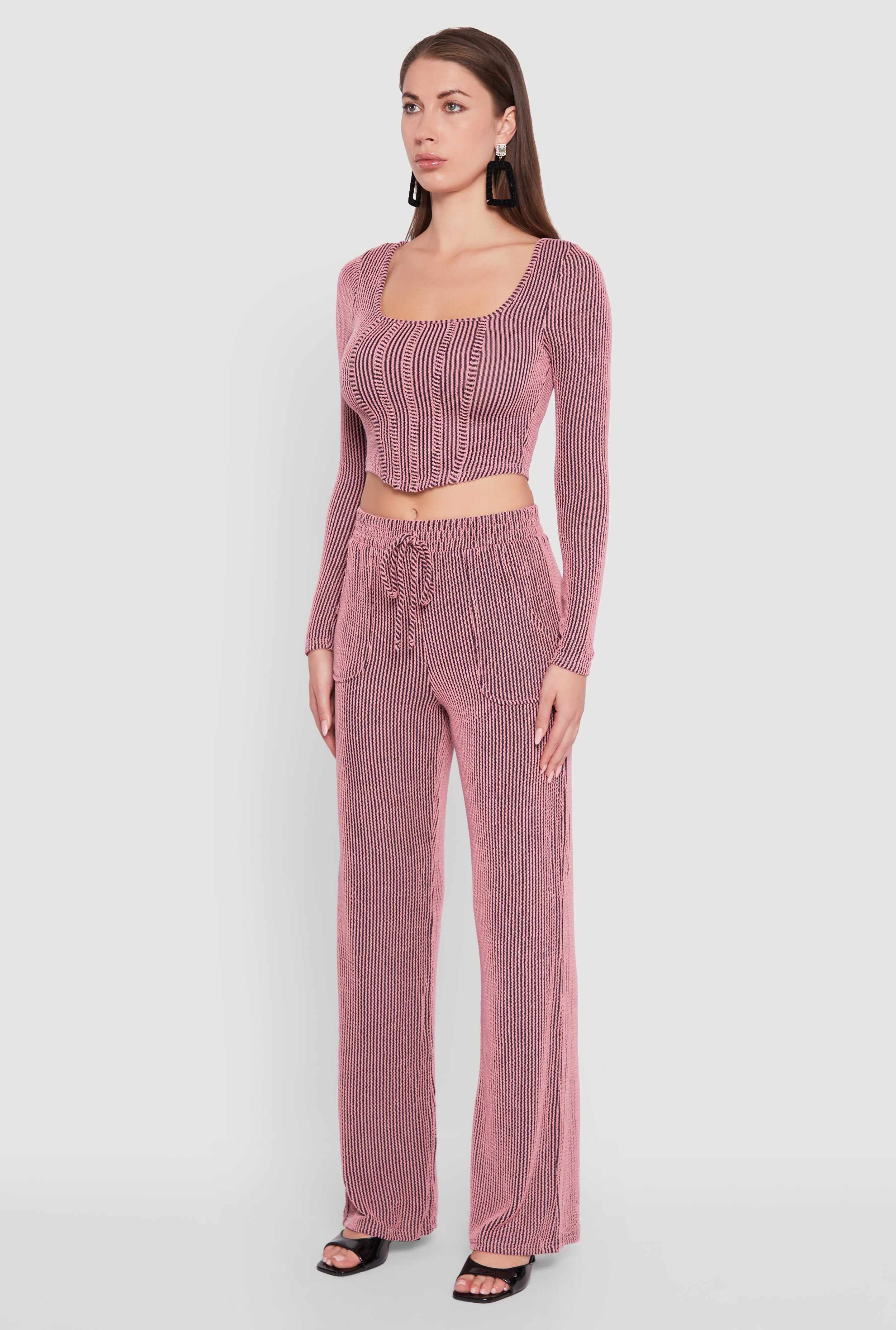 Rib Knit Shadow Stripe Corset Detail Crop Top