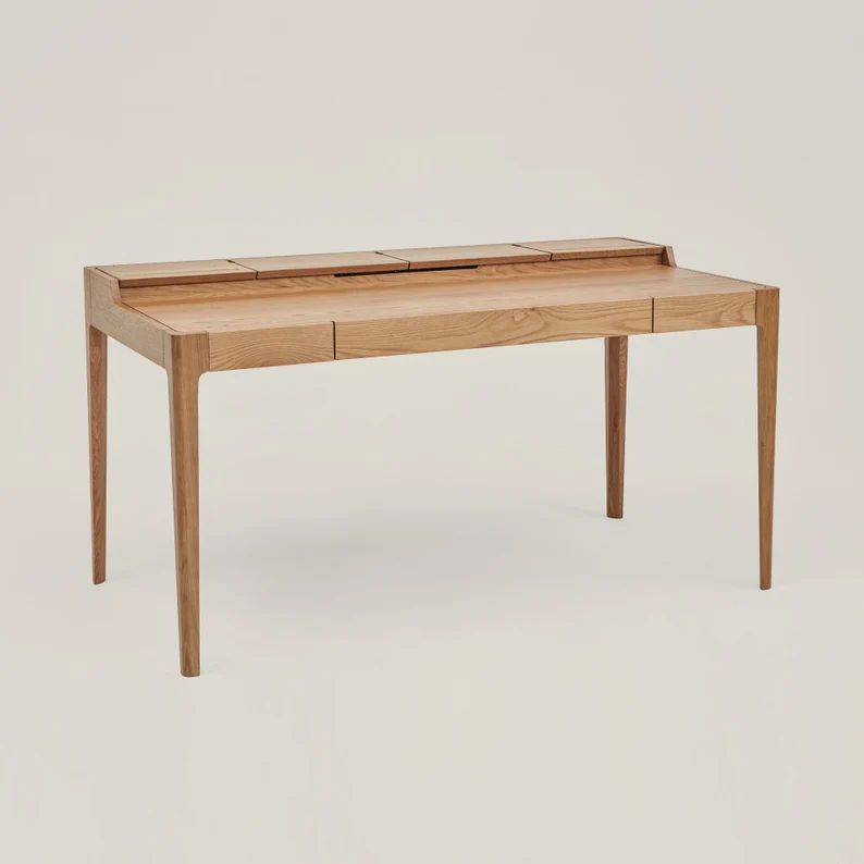 Solid Wood Writing Desk with Drawer and Cable Management | Scandinavian Mid Century Modern Large Desk | Walnut & Oak | NOVA DESK