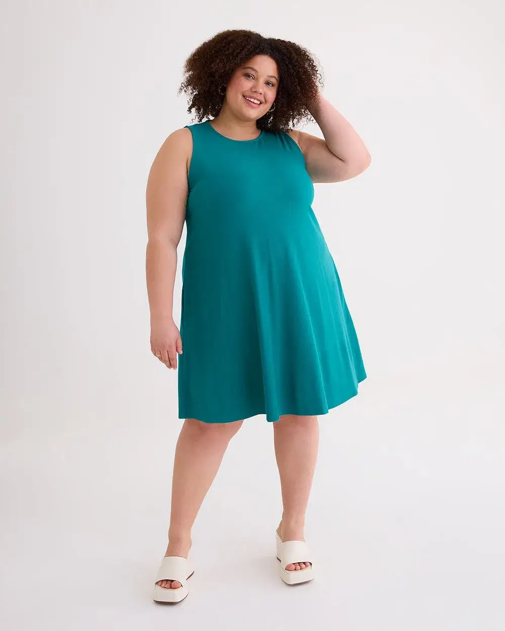 Responsible, Ribbed Knit Sleeveless Swing Dress with Pockets