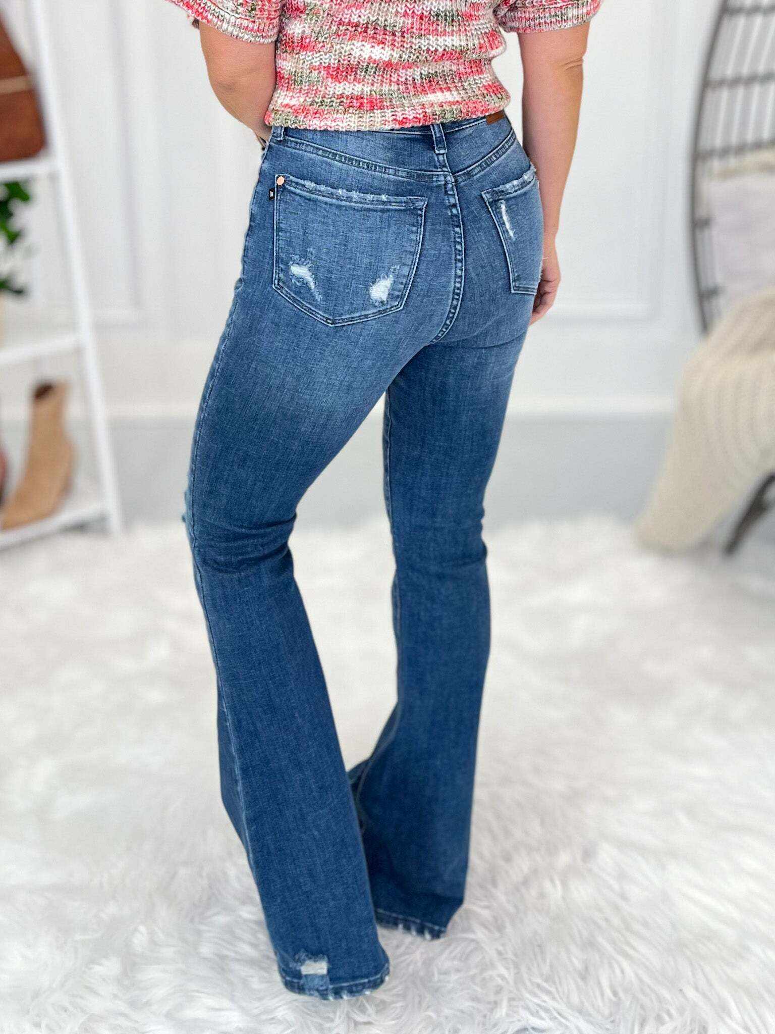 Head Over Heels - Christmas Distressed Flare Jeans- Final Sale