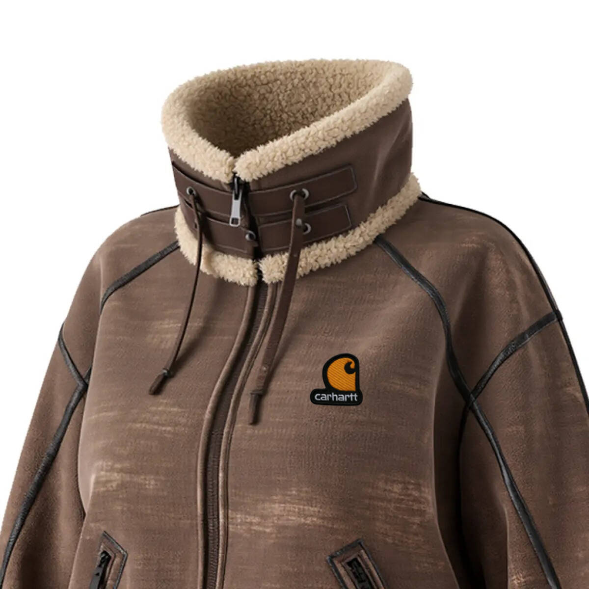 Brown Fleece Suede Jacket With High Collar And Sherpa Lining
