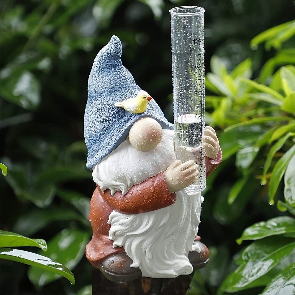 1pc Resin Gnome Rain Gauges, Resin Gnome Garden Statue With A Plastic Rain Gauge, Hand Painted Gnome Sculpture Water Gauge For Rain