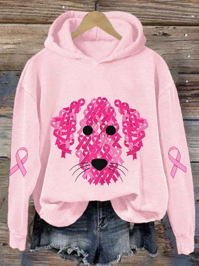 Women's Pink Ribbon Dog Breast Cancer Awareness Print Casual Sweatshirt