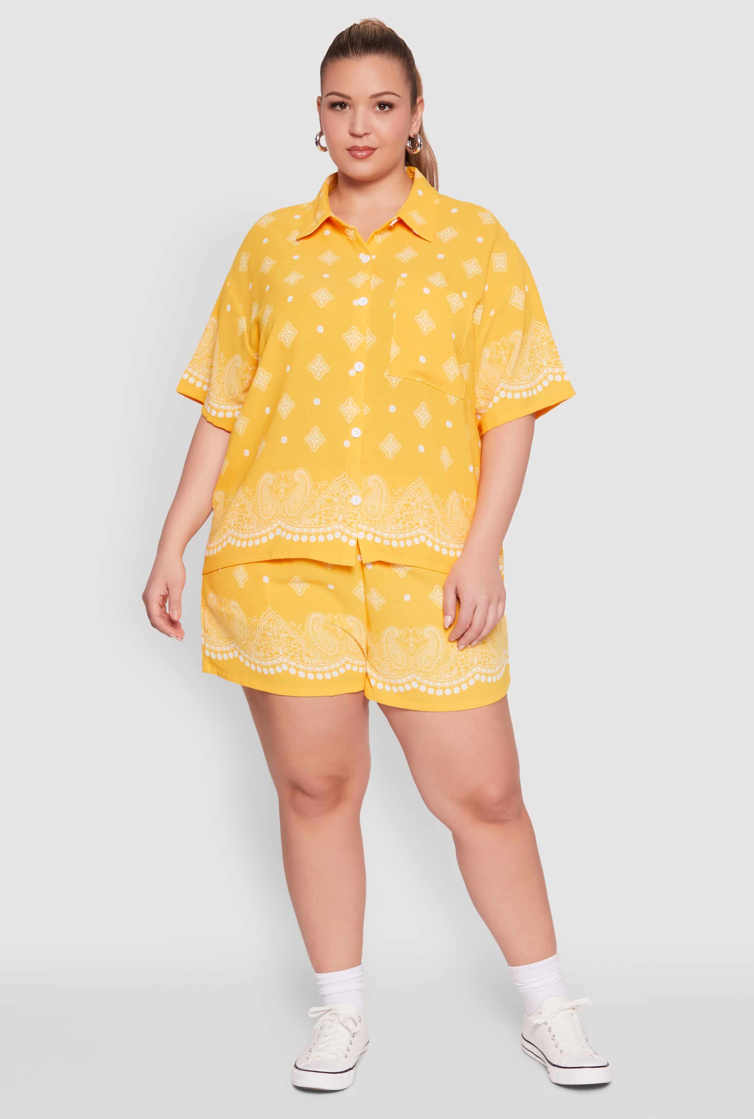 Plus Size Crepe Knit Bandana Print Oversized Shirt