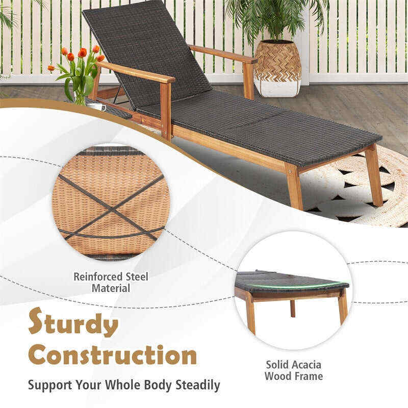 3 Piece Wicker Outdoor Lounge Chair Set Acacia Wood Chaise Lounge with Folding Side Table