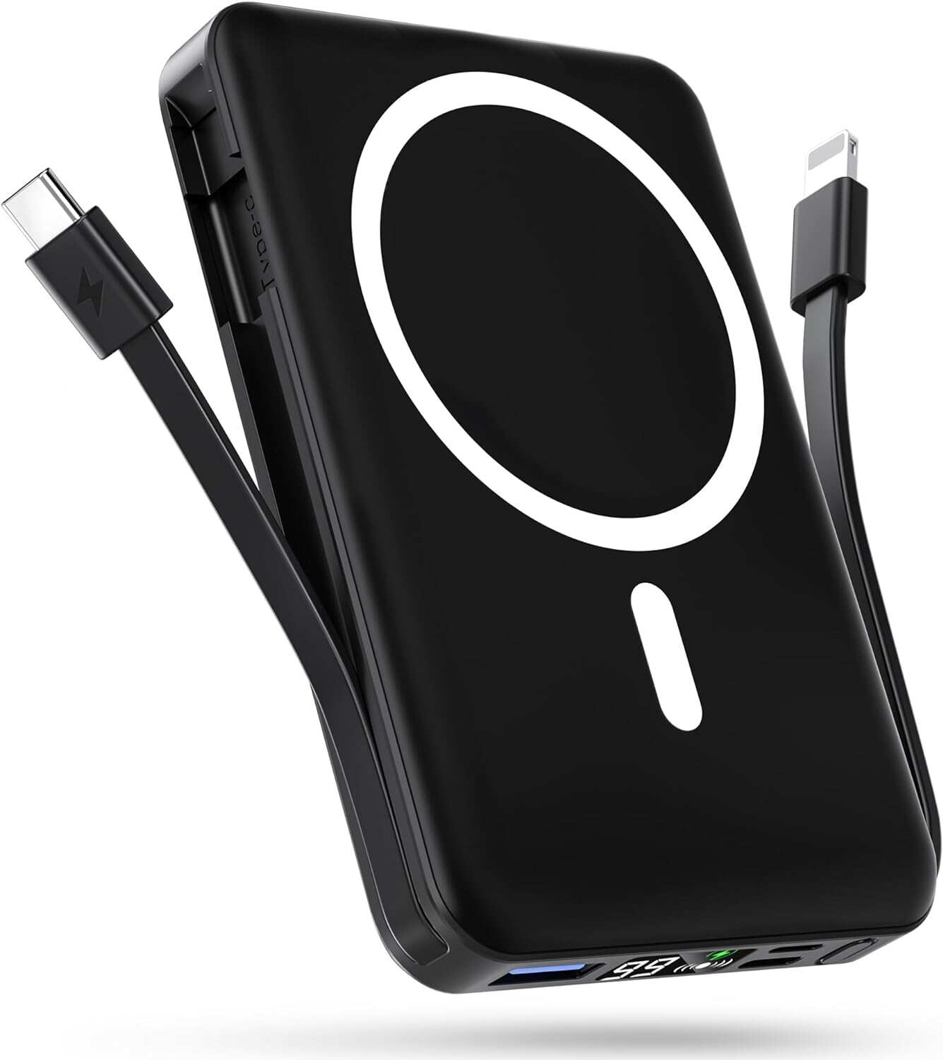 podoru Wireless Portable Charger, 10000mAh Magnetic Power Bank Built-in USB-C Lighting Cables 22.5W PD Fast Charging LED Display Mag-Safe Battery Pack for iPhone 15/14/13/12/Mini/Pro/Pro Max - White