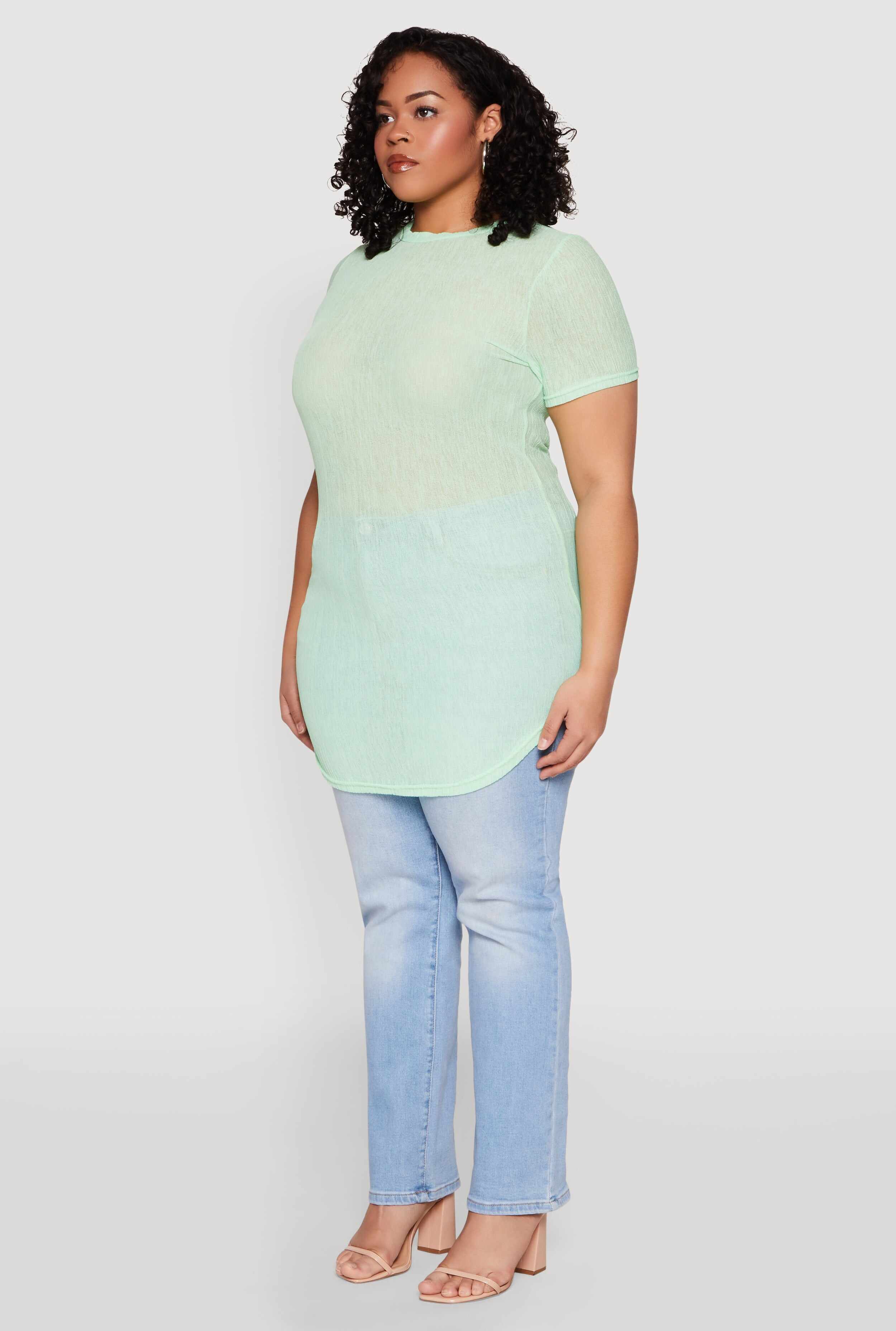 Plus Size Sheer Short Sleeve Tunic Top