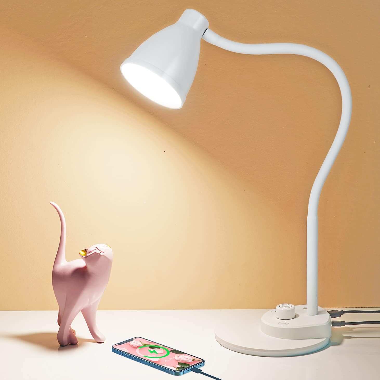 BOHON LED Desk Lamp with USB Charging Port 3 Color Modes Dimmable Reading Light Intelligent Induction Auto Dimming Task Lamp Flexible Gooseneck Table Lamp for Bedside Office, AC Adapter Include